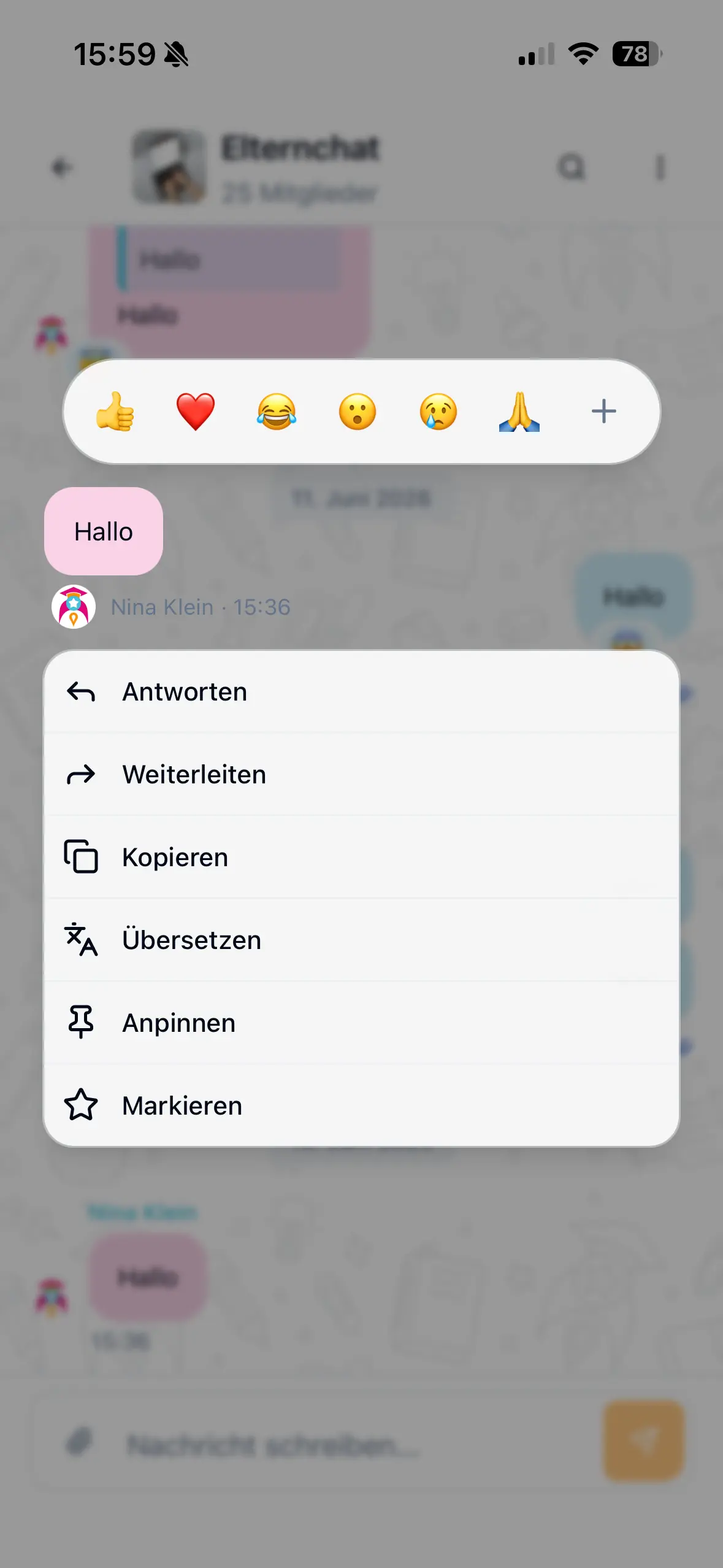 Nachrichtenoptionen durch Gedrückthalten