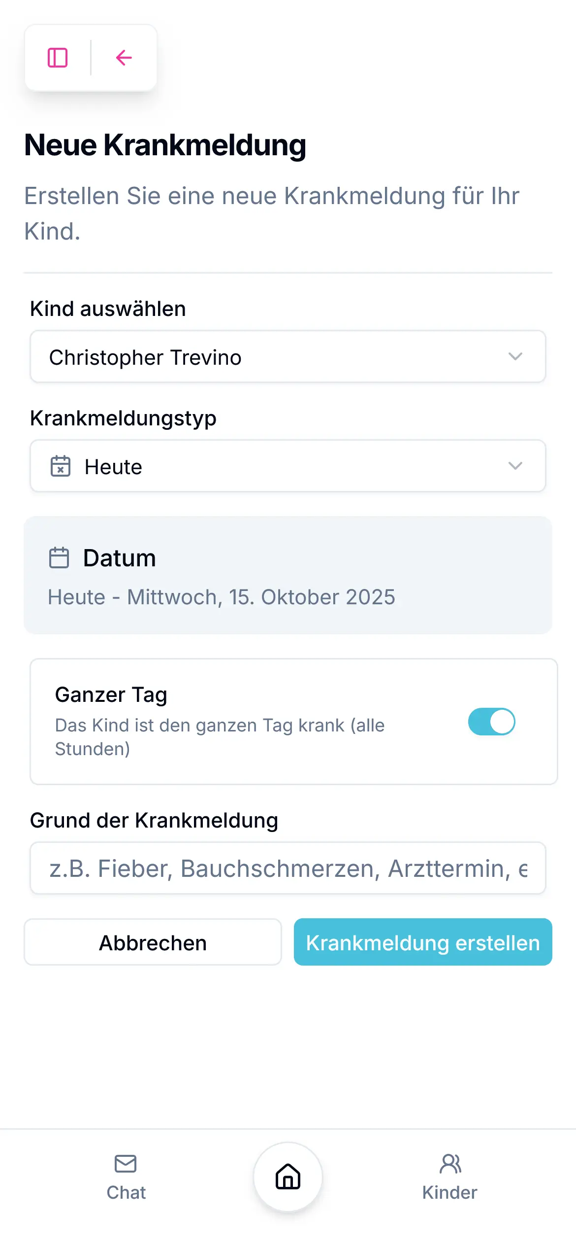 Neue Krankmeldung ganzer Tag
