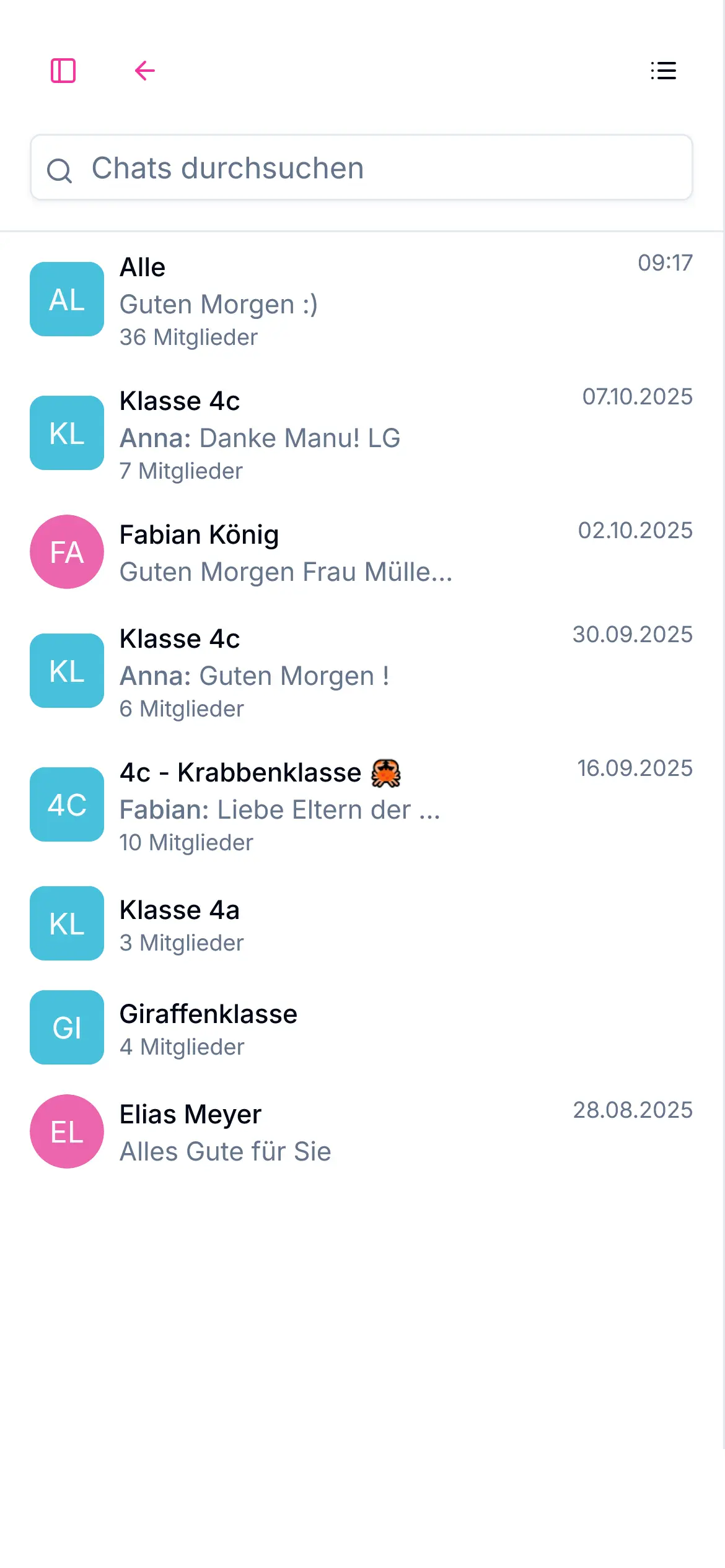 Übersicht aller Chats