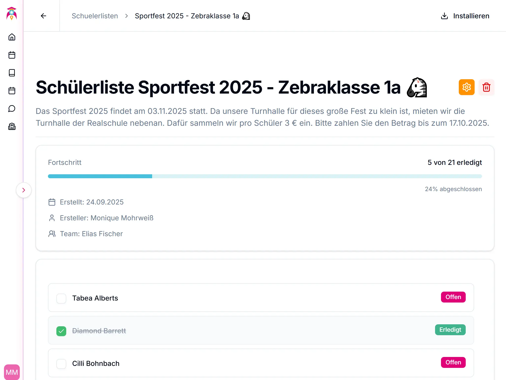 Übersicht der Schülerliste