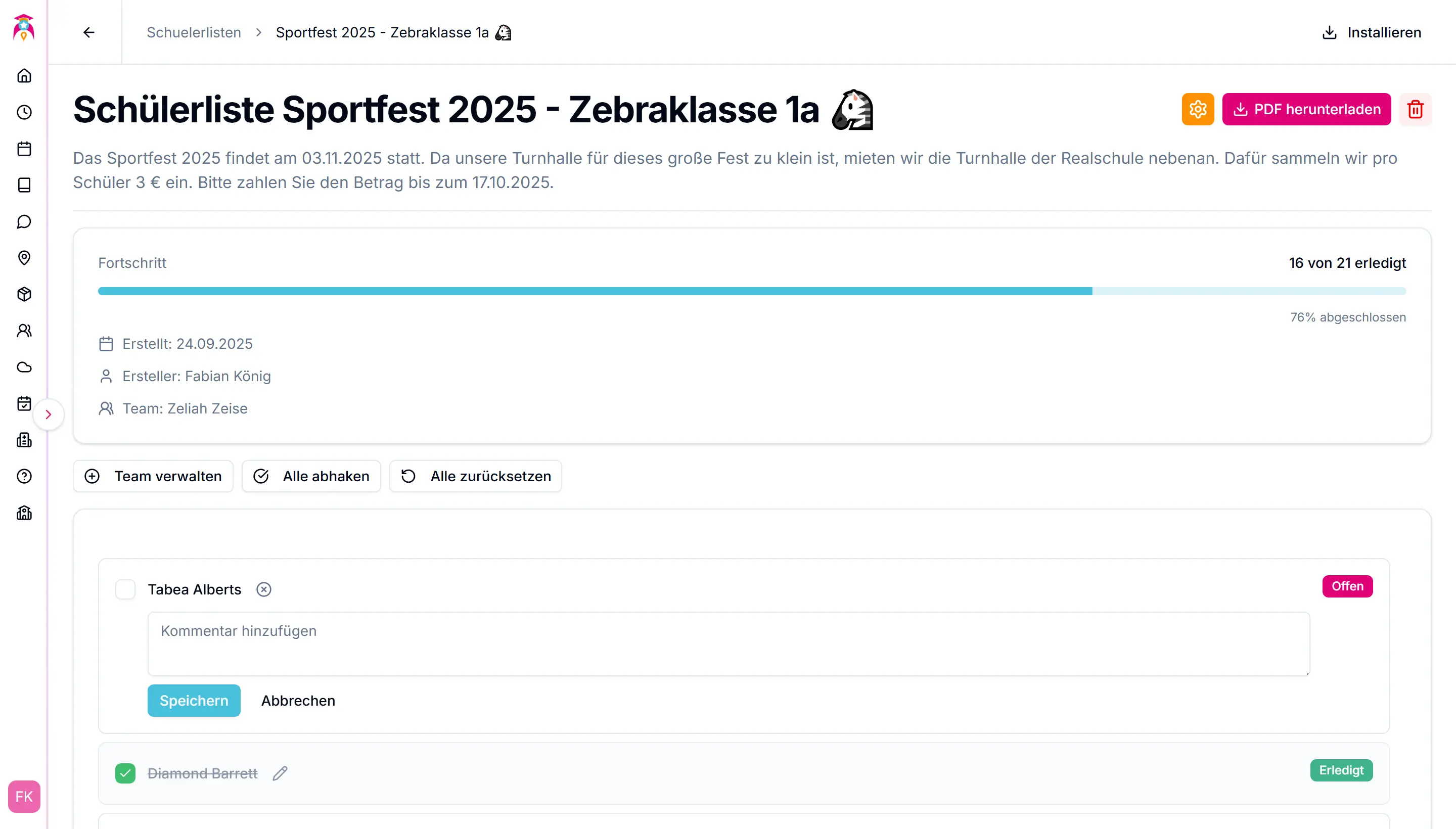 Neuen Kommentar in einer Schülerliste erstellen