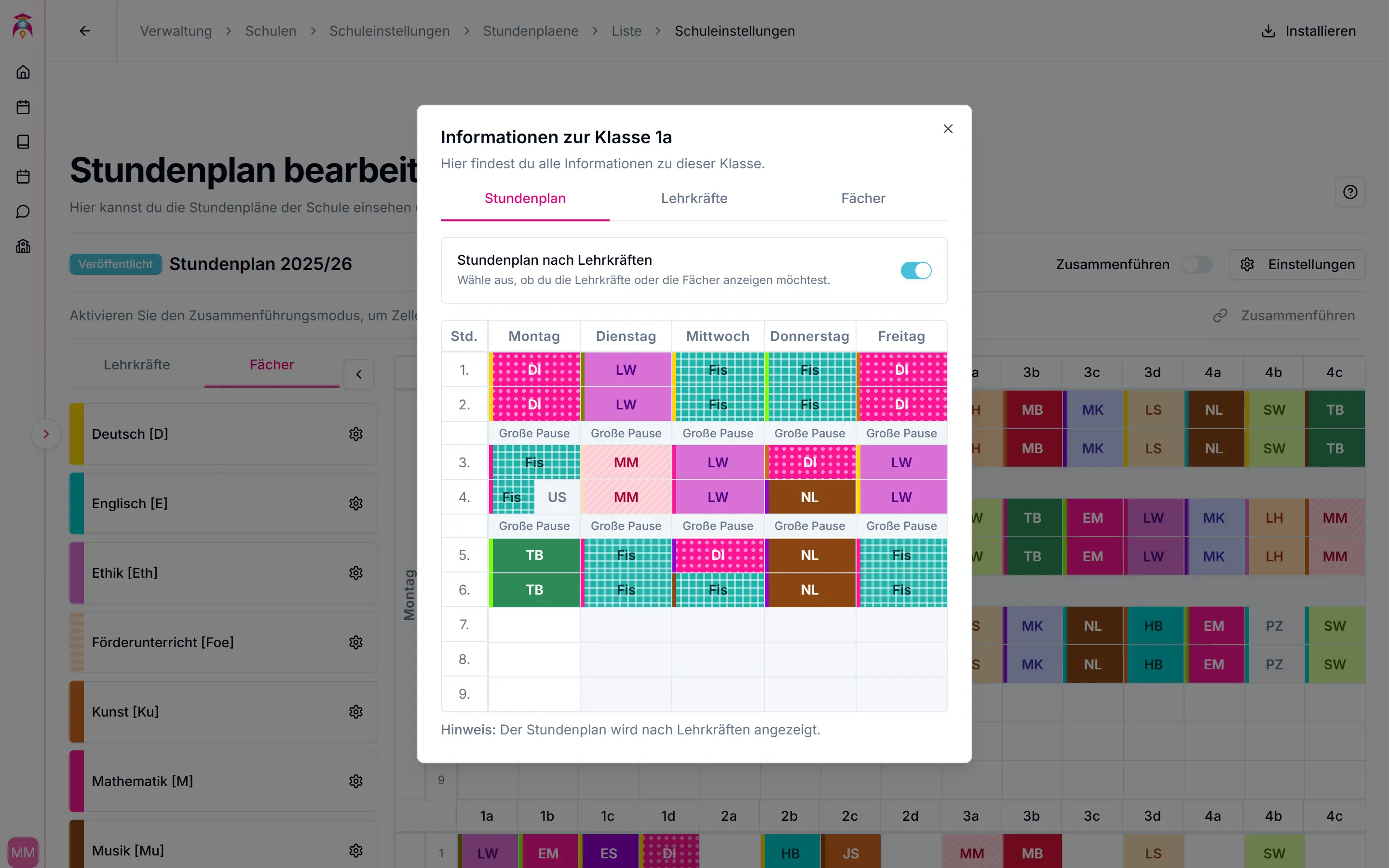 Stundenplan Klasse 1a
