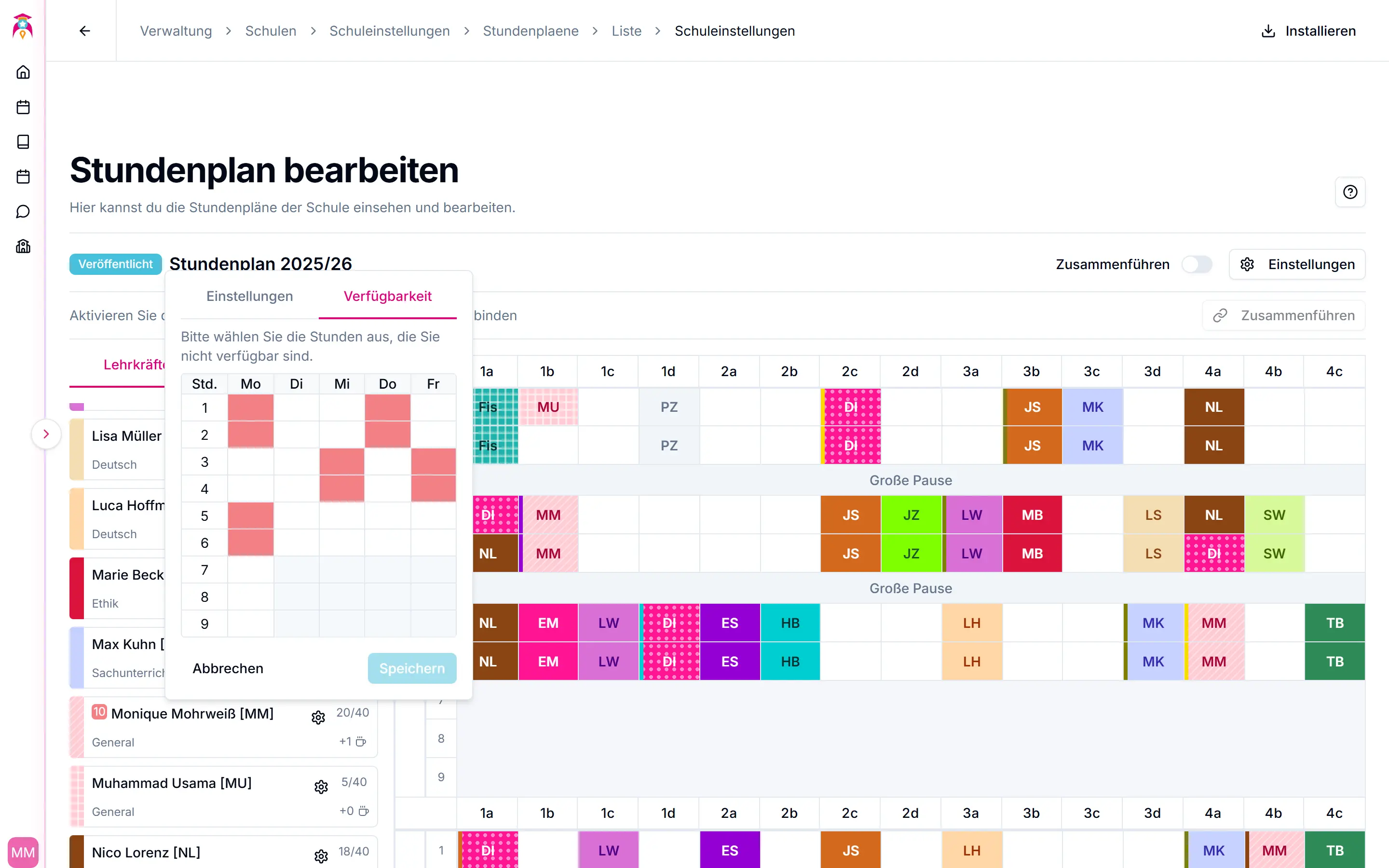 Verfügbarkeit der Lehrkraft