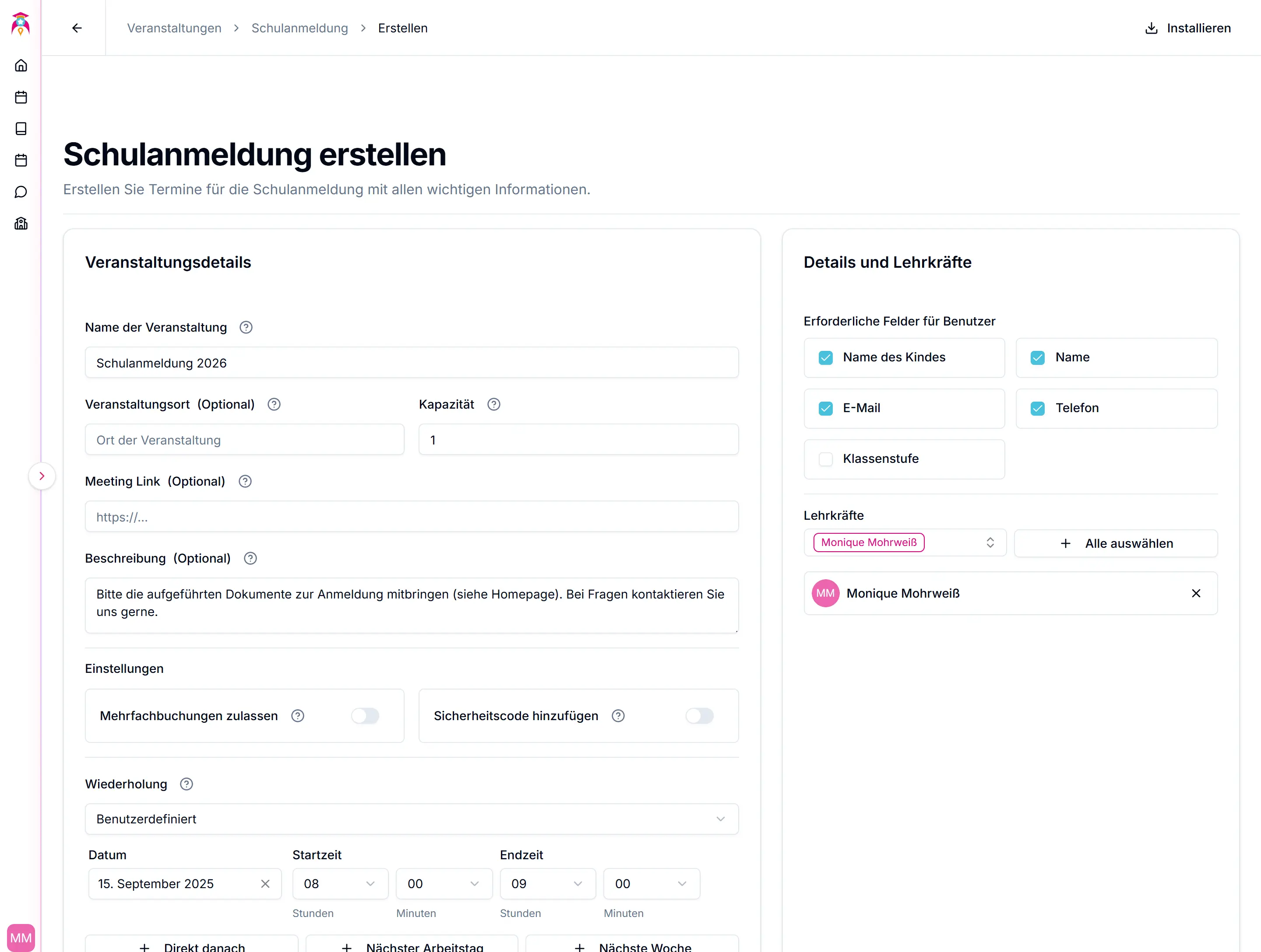 Details für die Schulanmeldung festlegen